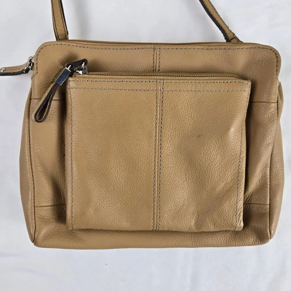 Tignanello Taupe Crossbody Bag 100% Leather Multiple Pockets Adjustable Strap